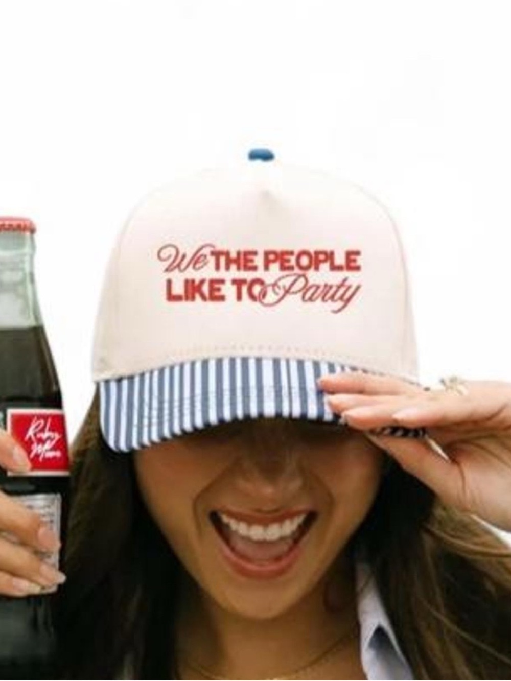 ruby moon Cream Cap with Navy Striped Brim and Red Script